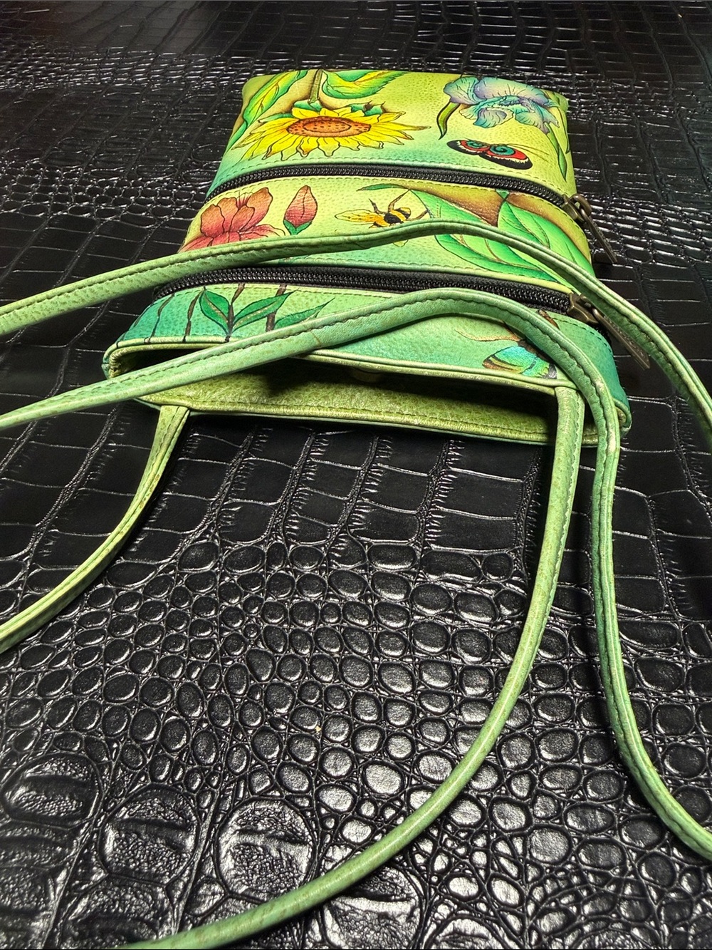 Anuschka Green Hand-Painted Floral & Butterfly Crossbody - Picture 16 of 16